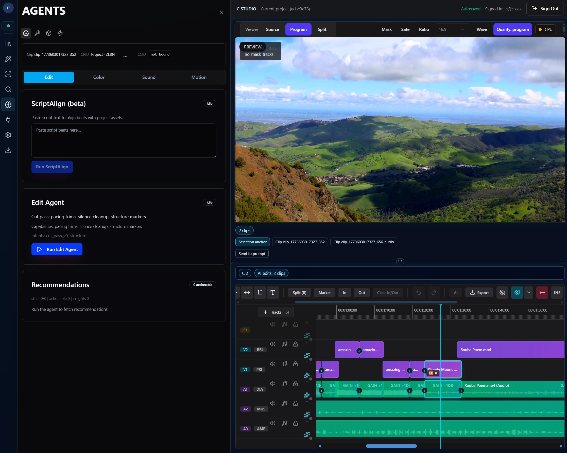 C Studio media intelligence panel showing story-aware context analysis